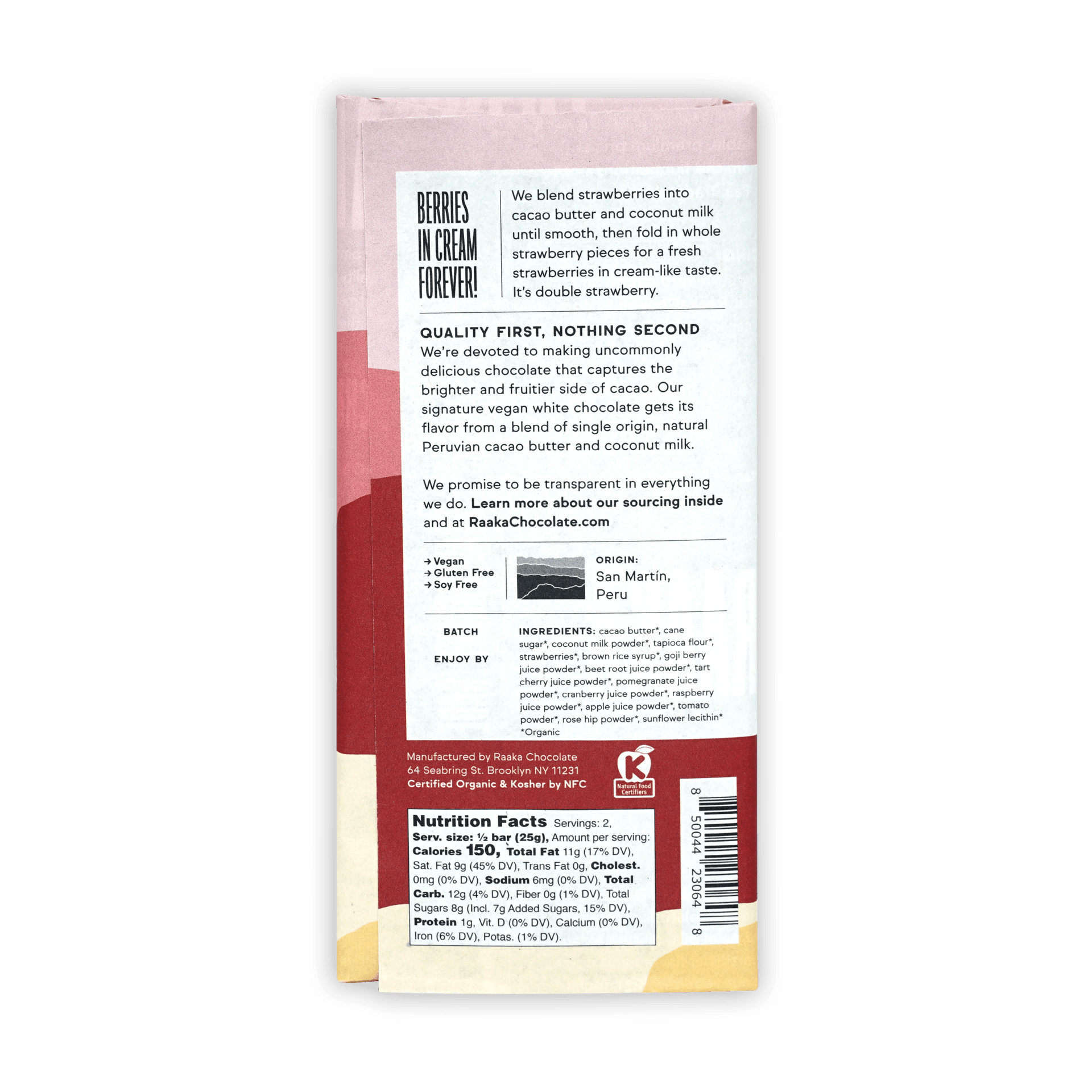 Raaka White Chocolate Strawberry and Cream 29% pink-wrapped bar