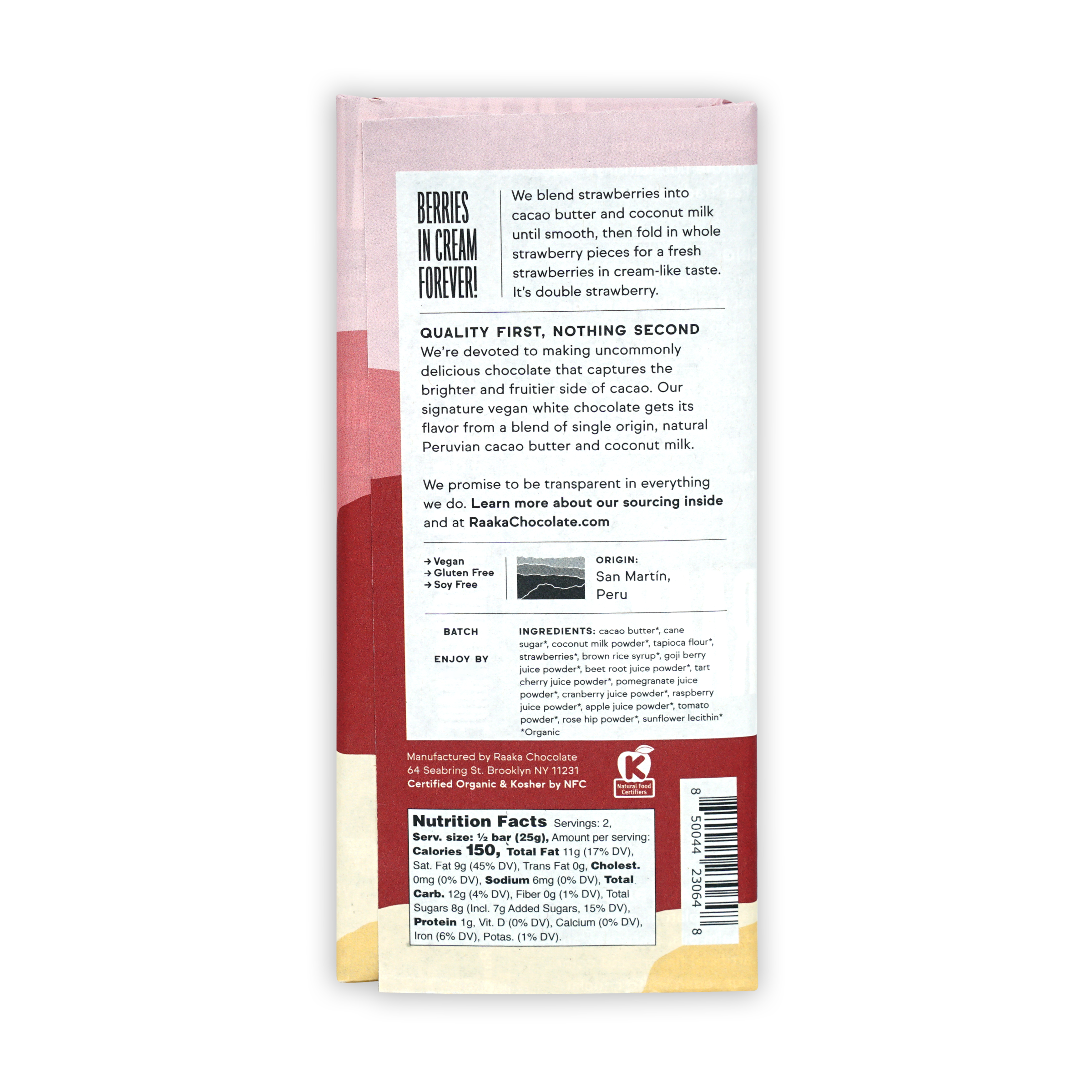 Raaka White Chocolate Strawberry and Cream 29% pink-wrapped bar