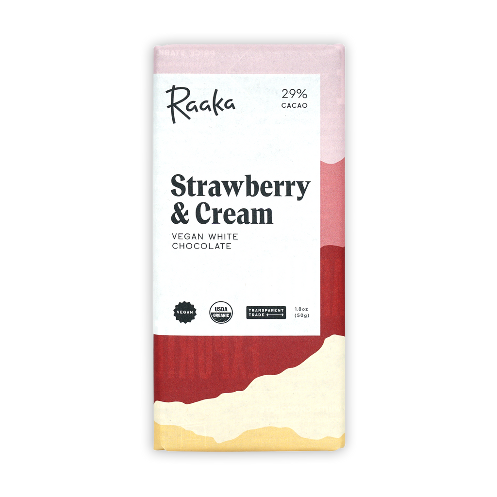 Raaka strawberry and cream vegan white chocolate bar wrapper