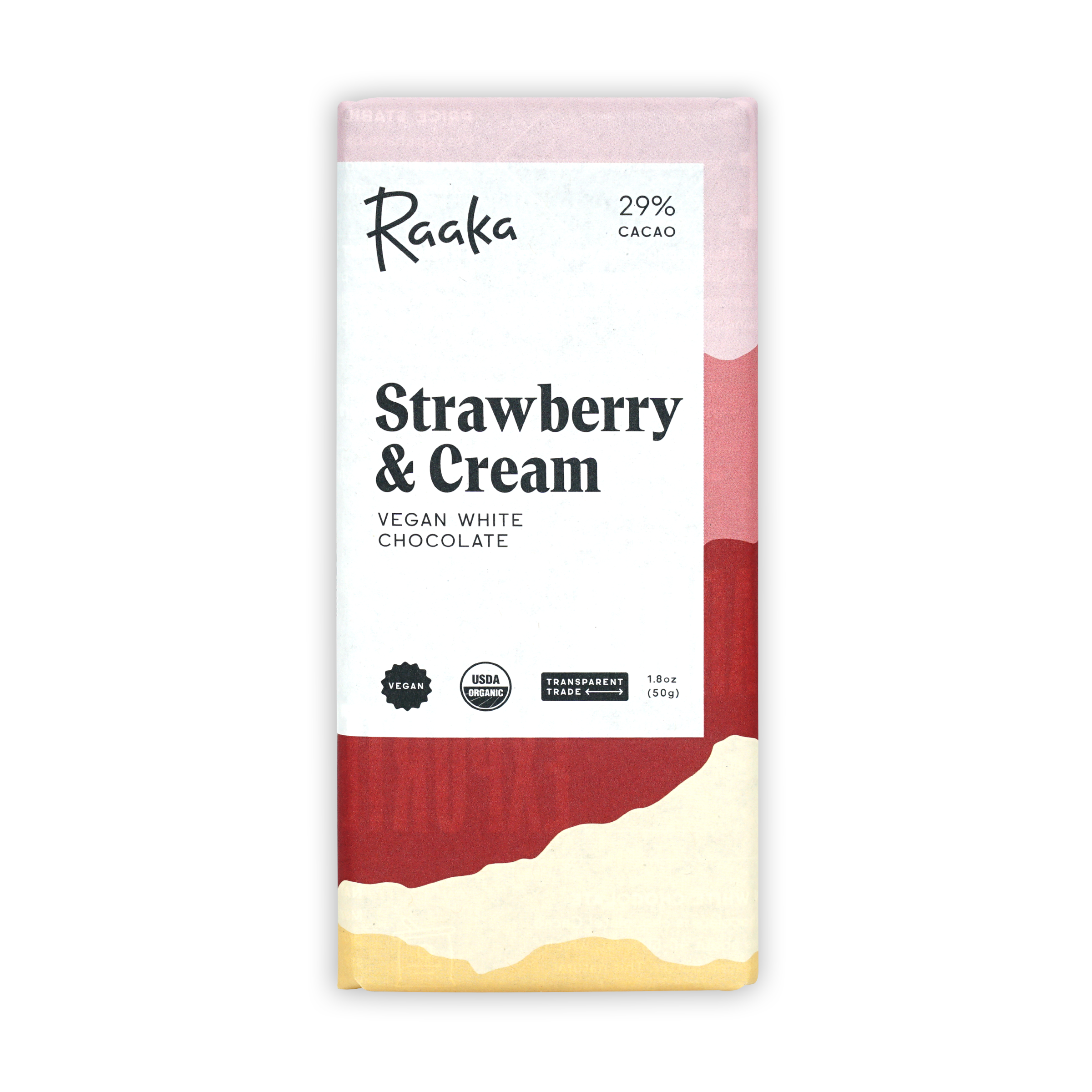 Raaka strawberry and cream vegan white chocolate bar wrapper
