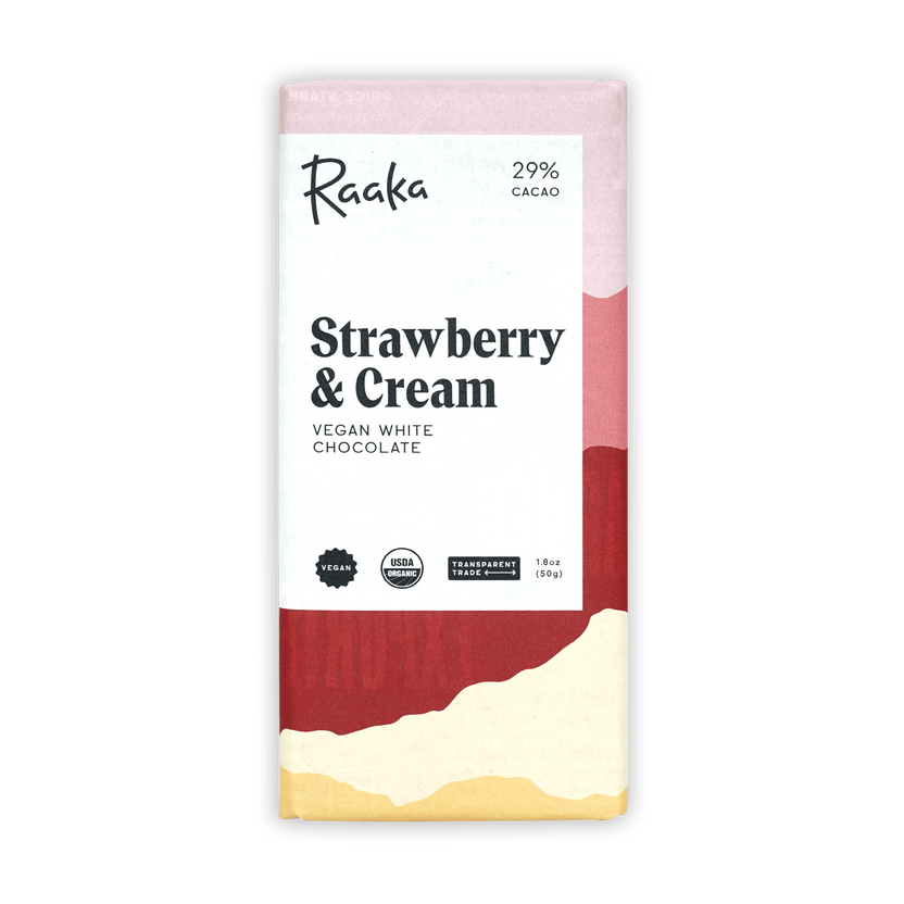 Raaka strawberry and cream vegan white chocolate bar wrapper
