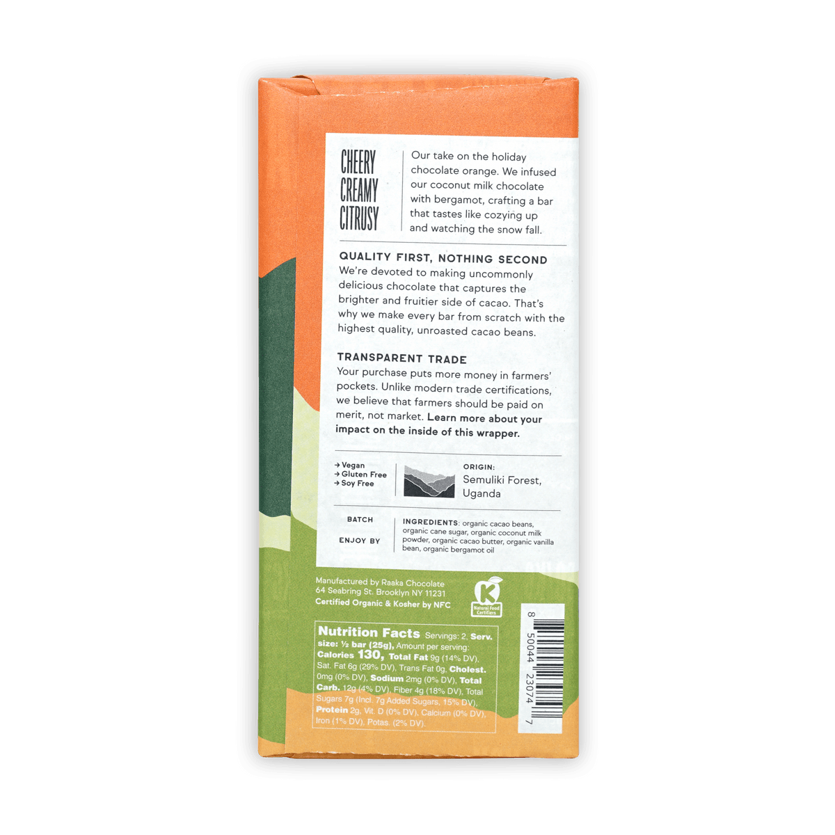 Back of the Raaka Winter Citrus wrapper, Cheery Creamy Citrusy, origin Semuliki Forest, Uganda.