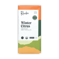Raaka Winter Citrus bar in an orange and green landscape wrapper, unroasted dark chocolate, 53%.