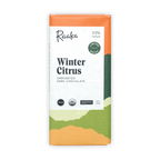 Raaka Winter Citrus bar in an orange and green landscape wrapper, unroasted dark chocolate, 53%.