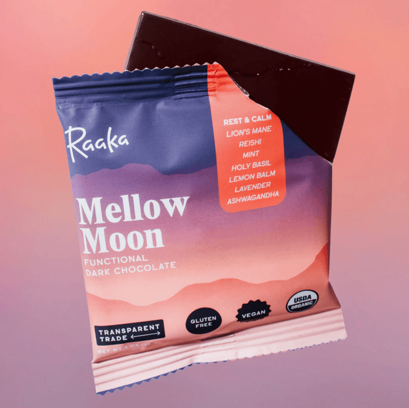 Raaka Mellow Moon functional dark chocolate bar in purple-pink foil