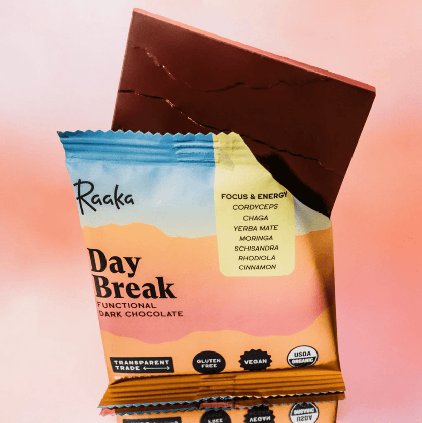Raaka Day Break functional dark chocolate bar 63% in colorful gradient wrapper