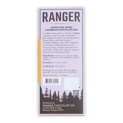 Ranger chocolate co caribbean chocolate bar featuring rich dark chocolate with tropical flavors in colorful packaging