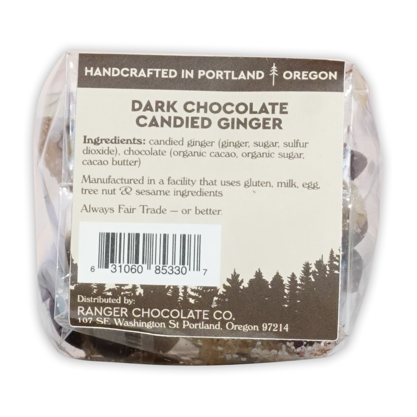 Ranger Dark Chocolate Candied Ginger in clear package