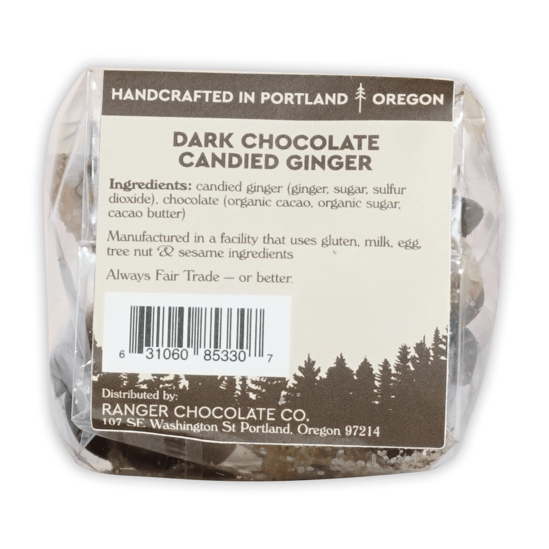 Ranger Dark Chocolate Candied Ginger in clear package
