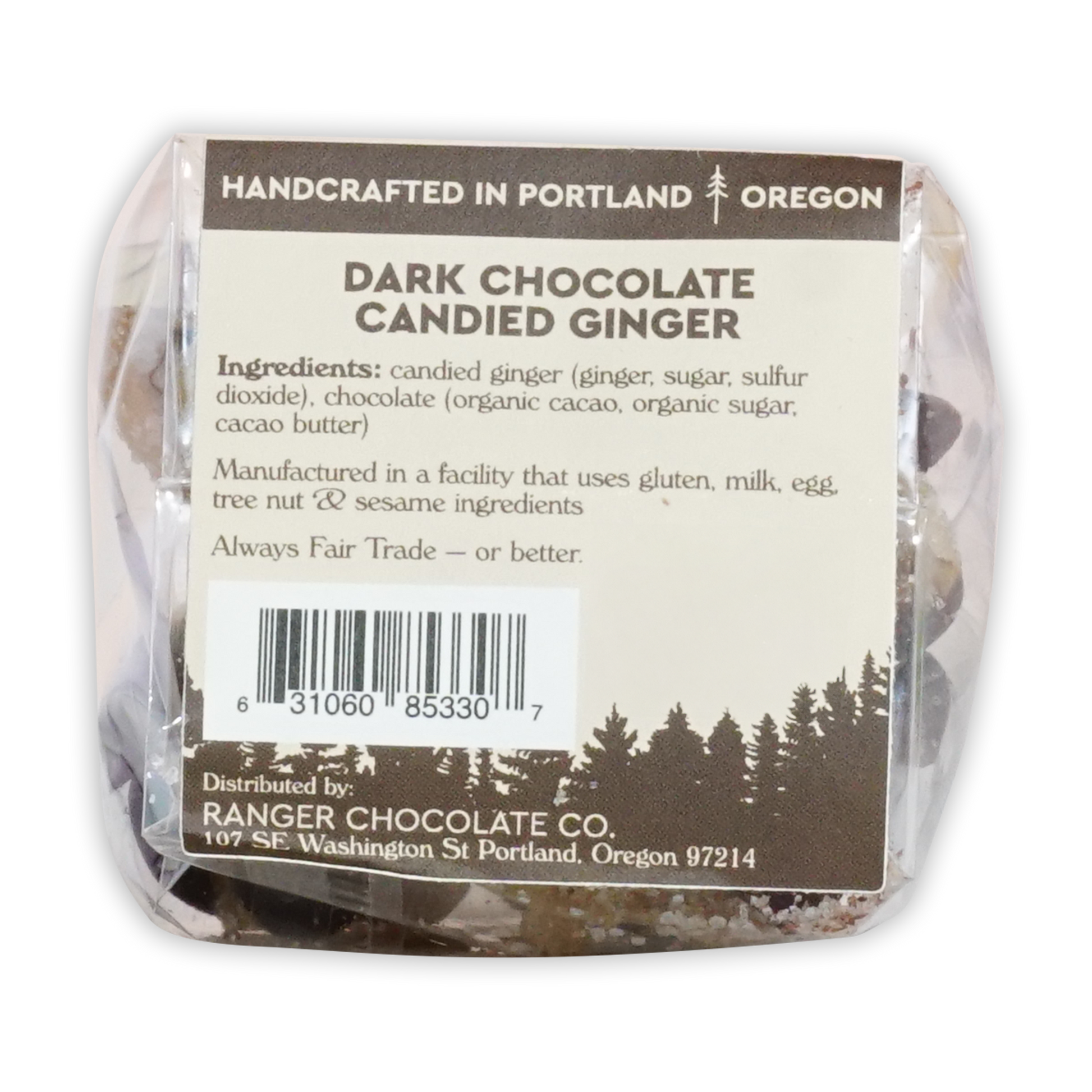 Ranger Dark Chocolate Candied Ginger in clear package