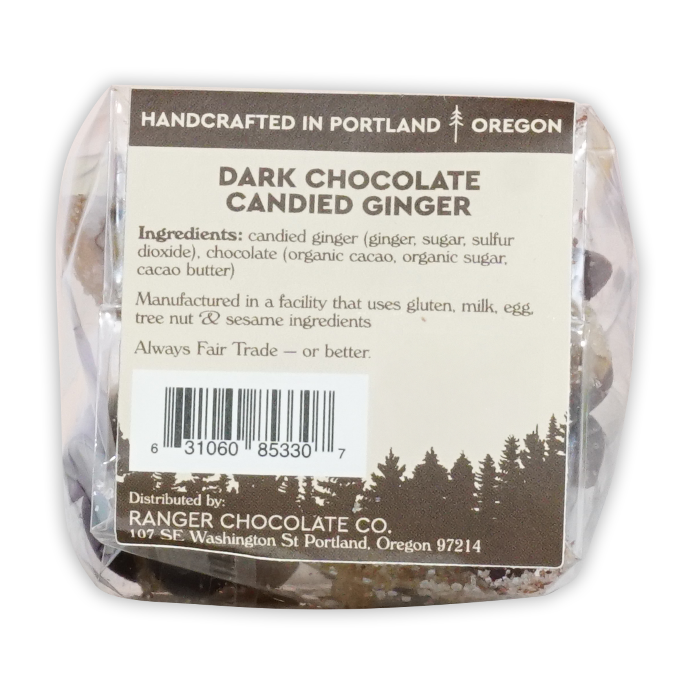 Ranger Dark Chocolate Candied Ginger in clear package