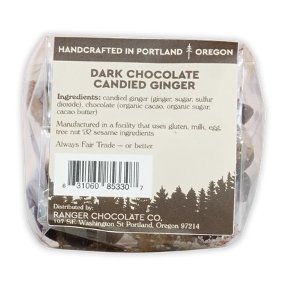 Ranger Dark Chocolate Candied Ginger in clear package