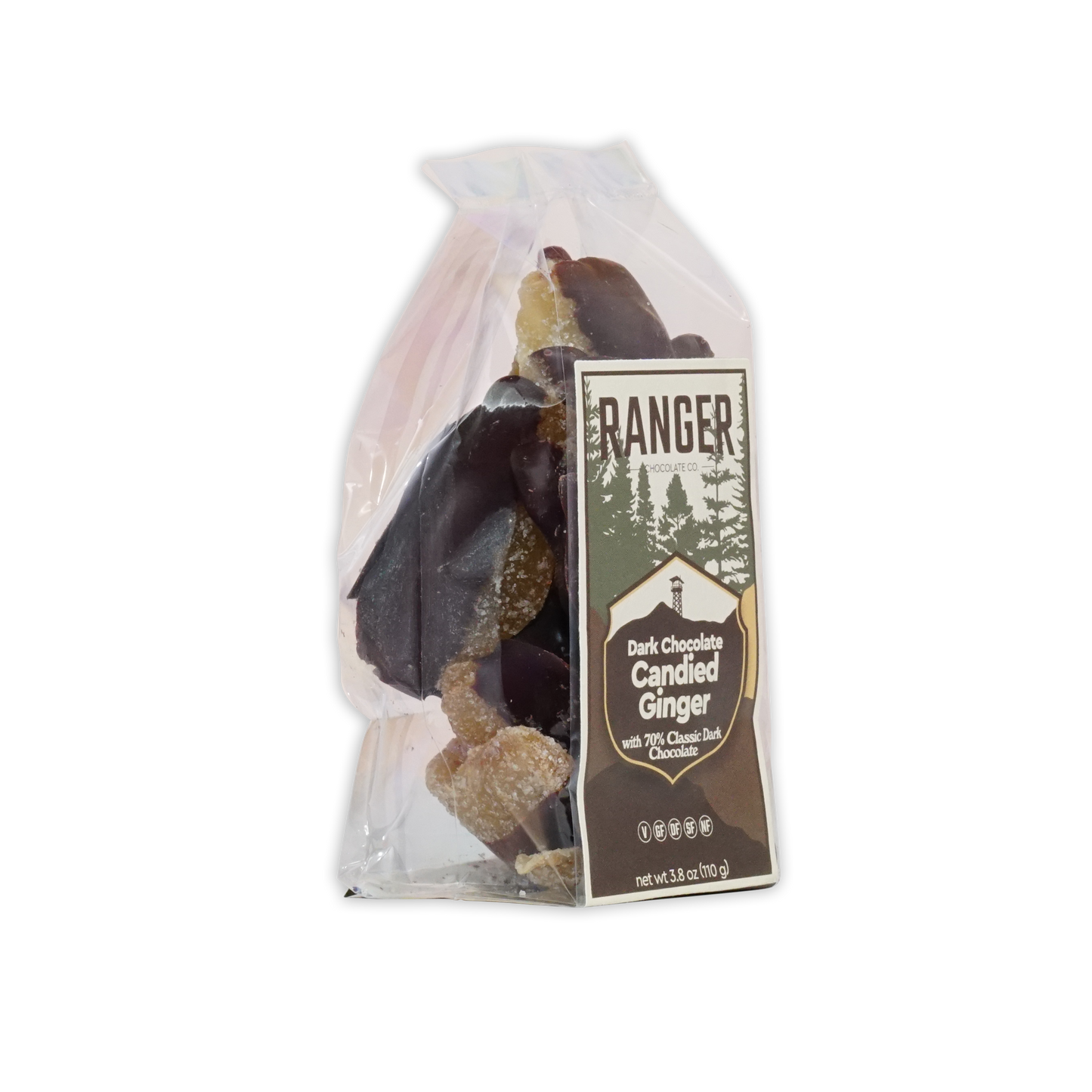 Ranger Dark Chocolate Candied Ginger bag with glossy amber-brown pieces