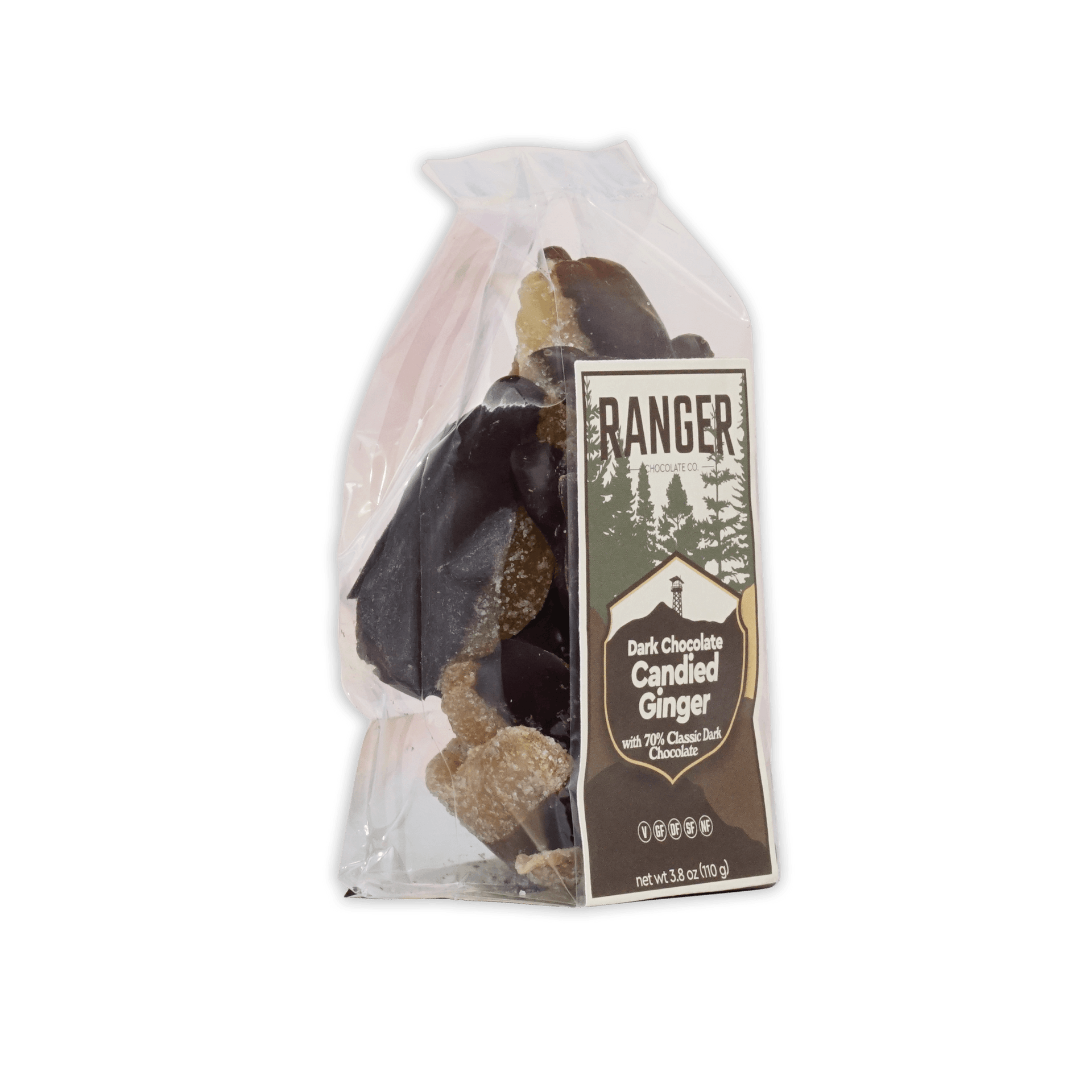Ranger Dark Chocolate Candied Ginger bag with glossy amber-brown pieces
