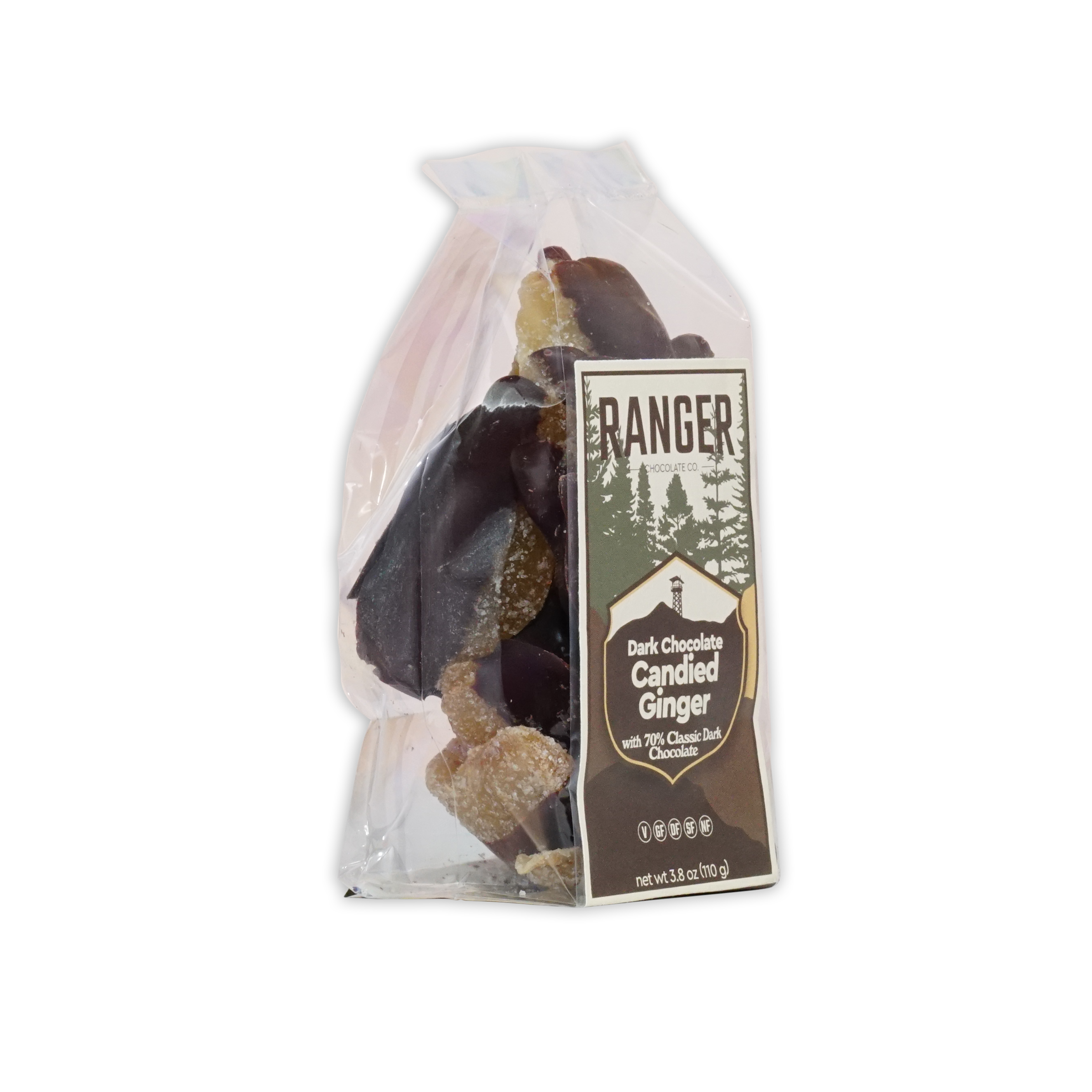 Ranger Dark Chocolate Candied Ginger bag with glossy amber-brown pieces