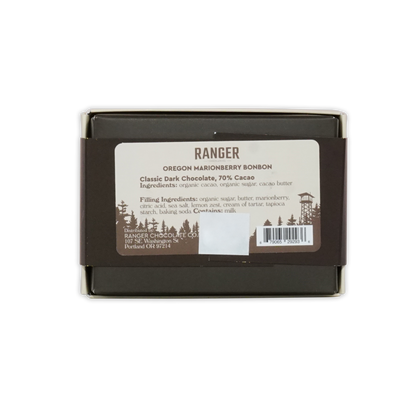 Ranger Marionberry Bonbons box: dark brown rectangular with white label