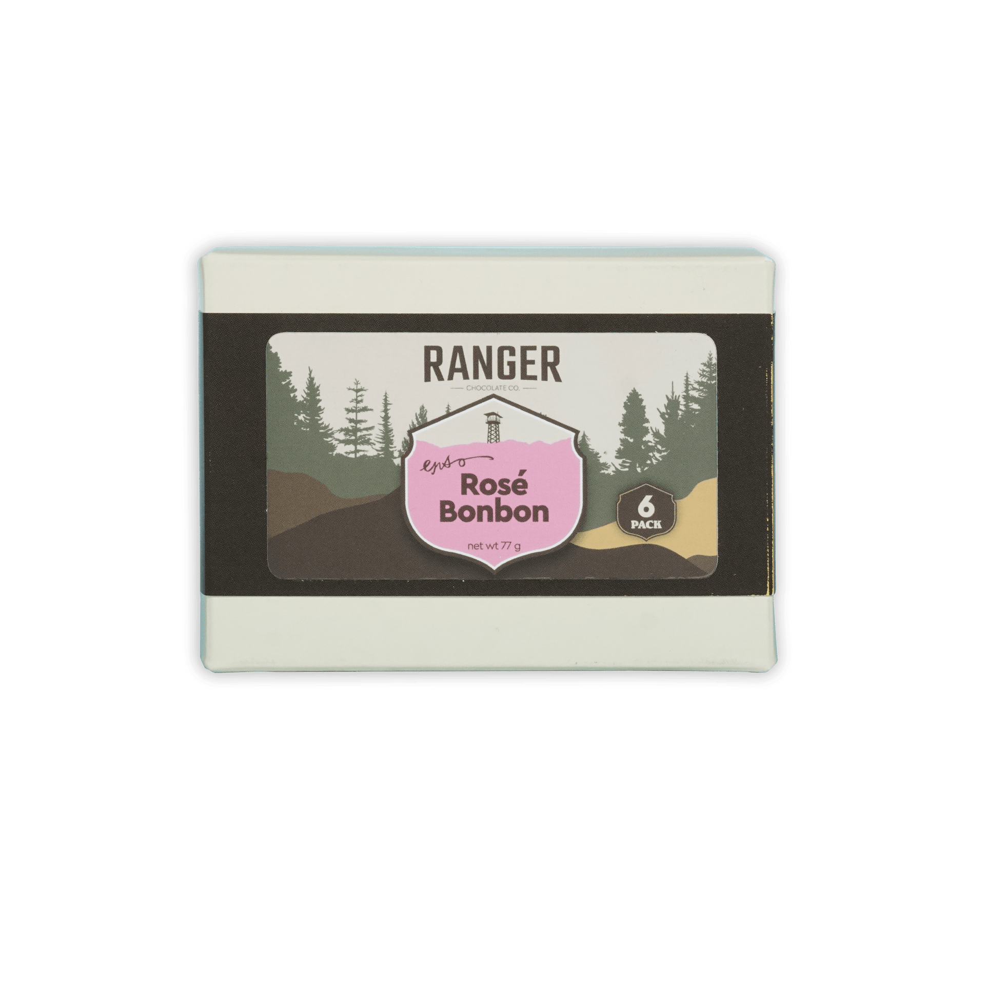 Ranger rosé bonbons box with six pink and brown candies in a white rectangular box featuring forest imagery