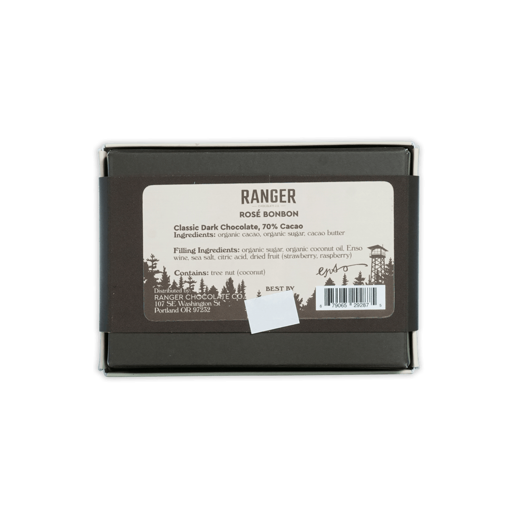 Dark brown rectangular box of ranger rosé bonbon classic dark chocolate 70 percent cacao with six pieces