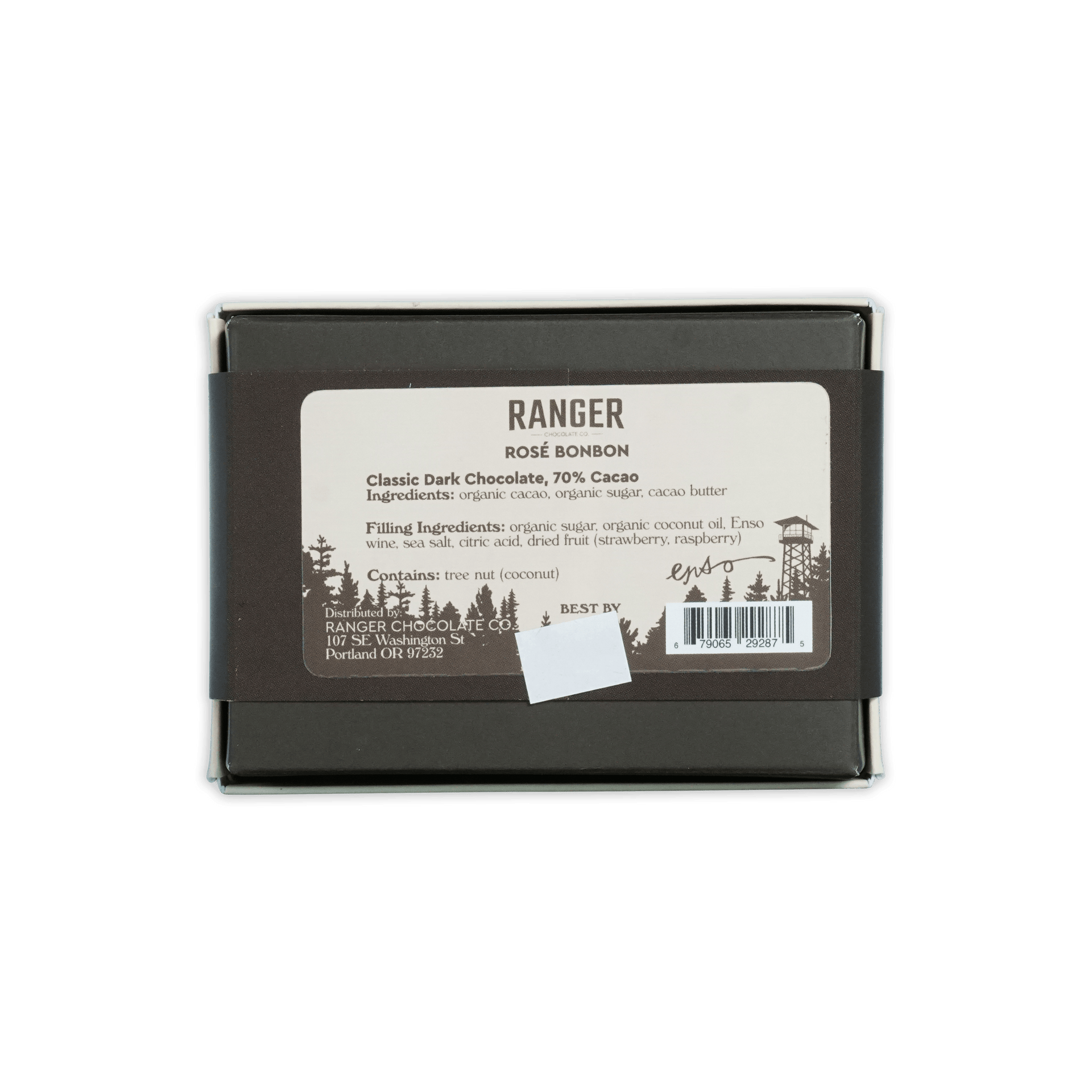 Dark brown rectangular box of ranger rosé bonbon classic dark chocolate 70 percent cacao with six pieces