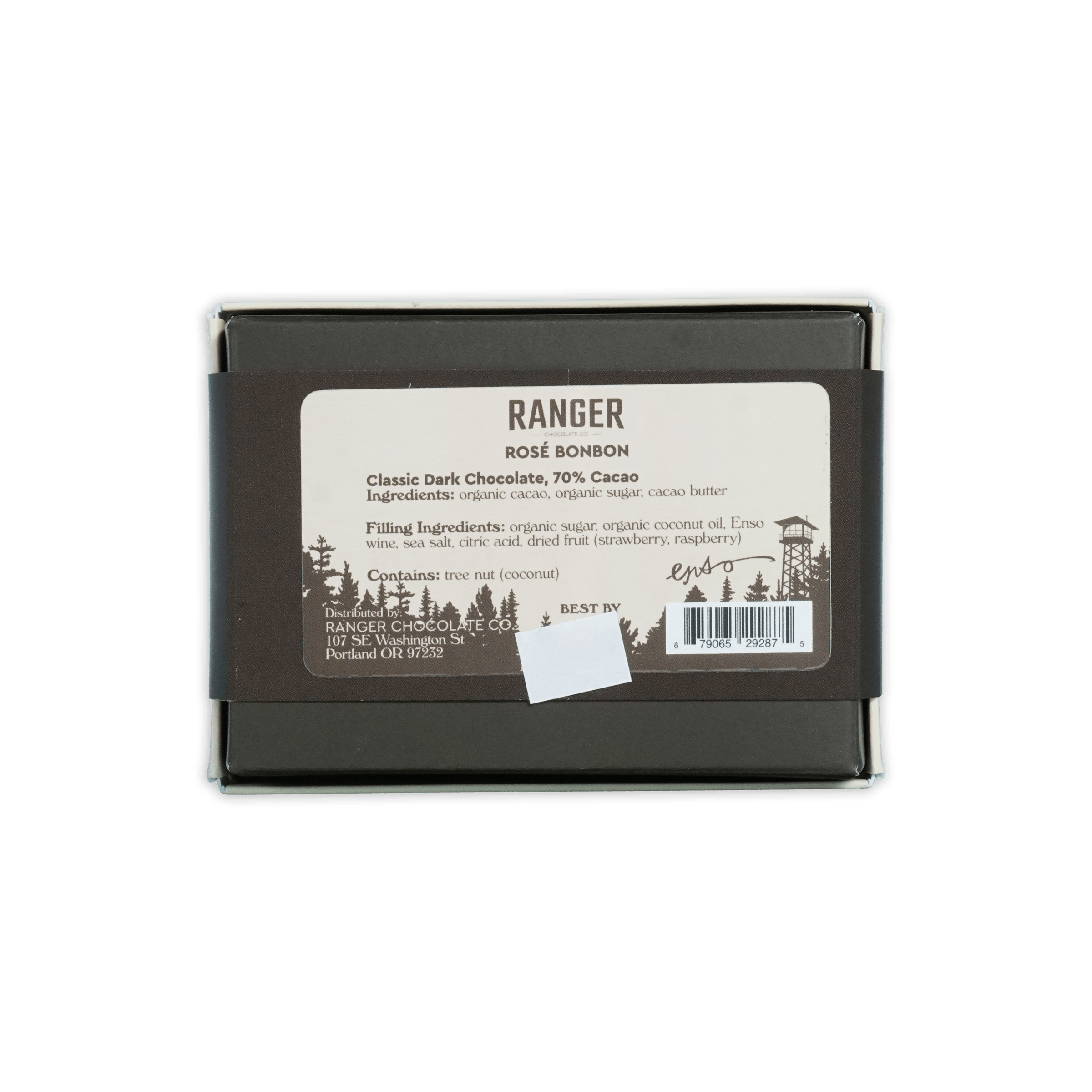 Dark brown rectangular box of ranger rosé bonbon classic dark chocolate 70 percent cacao with six pieces