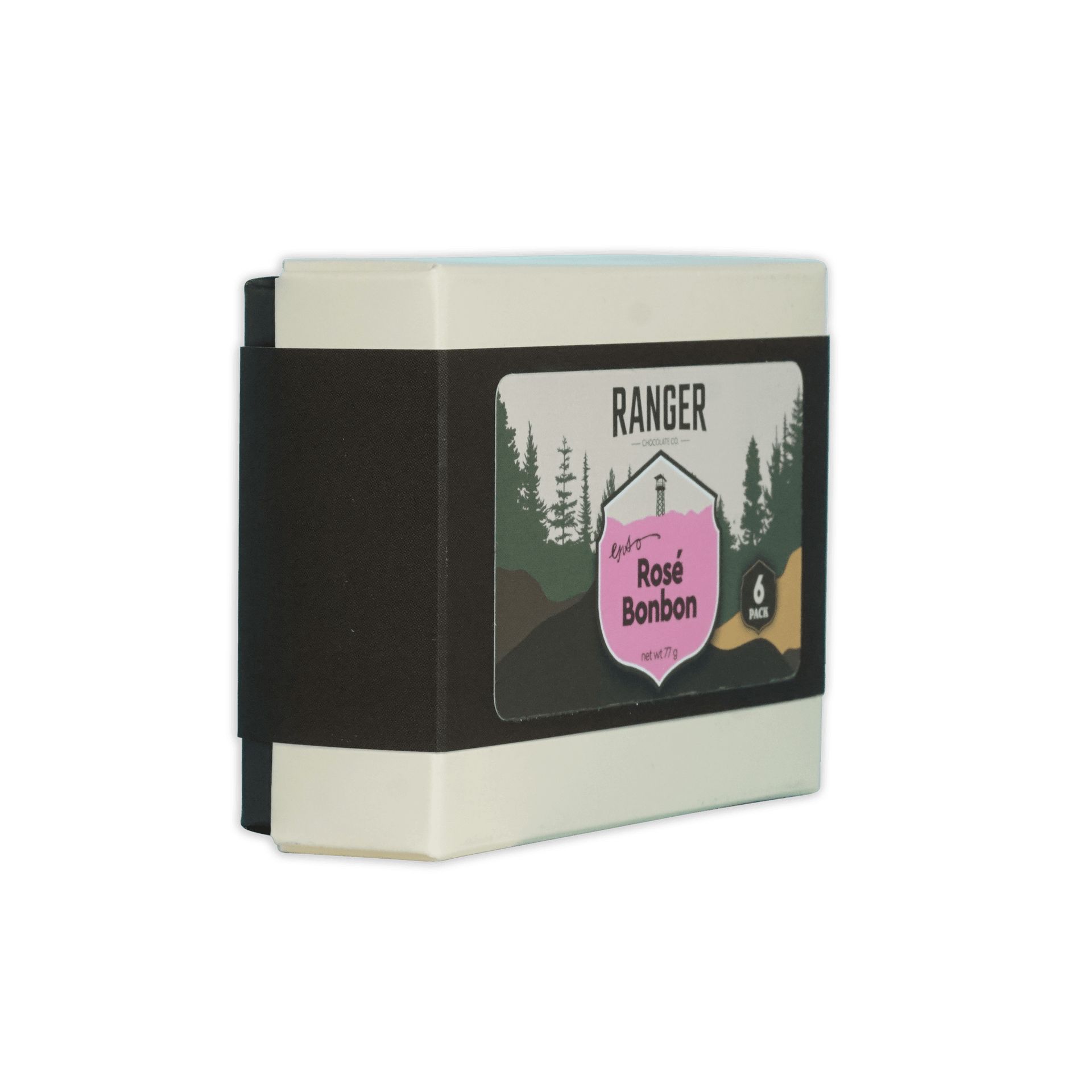Ranger rosé bonbon candy bar in white and black packaging with pink lighthouse label in a 6 piece box