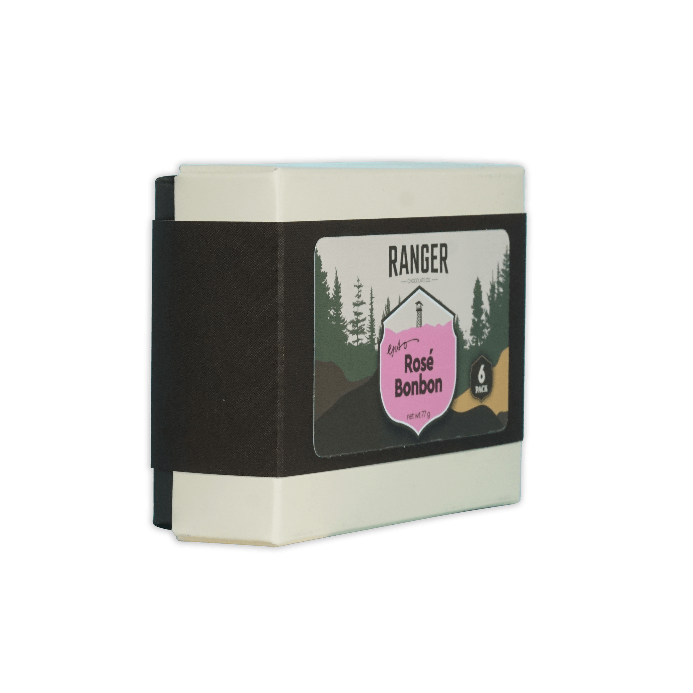 Ranger rosé bonbon candy bar in white and black packaging with pink lighthouse label in a 6 piece box
