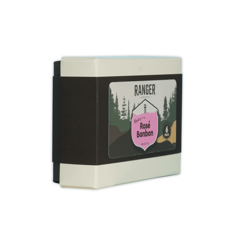 Ranger rosé bonbon candy bar in white and black packaging with pink lighthouse label in a 6 piece box