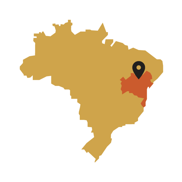 Map of Brazil with a black marker pointing to a Bahia region