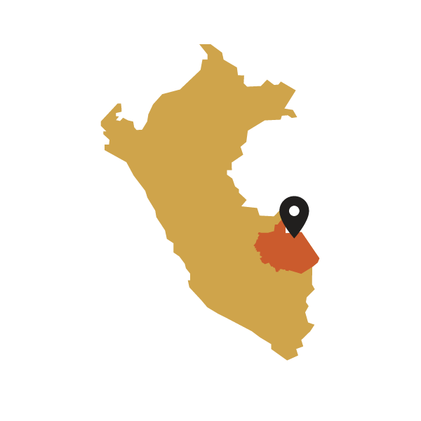 Map of Peru with a black marker pointing to a Madre de Dios region