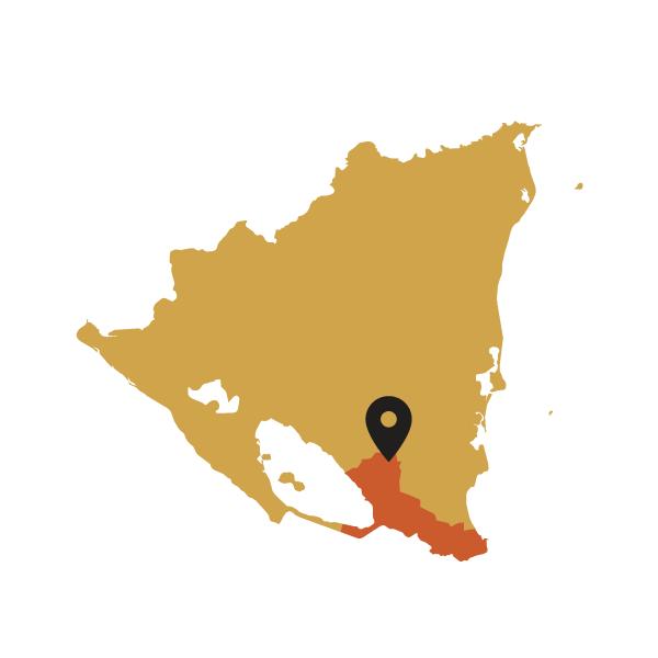 Map of Nicaragua with a black marker pointing to a Rio San Juan region