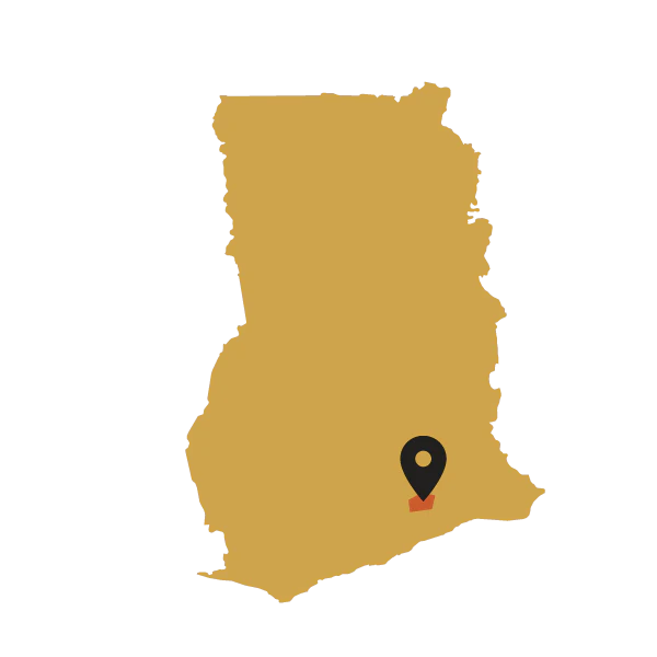 Map of Ghana with a black marker pointing to a Suhum region