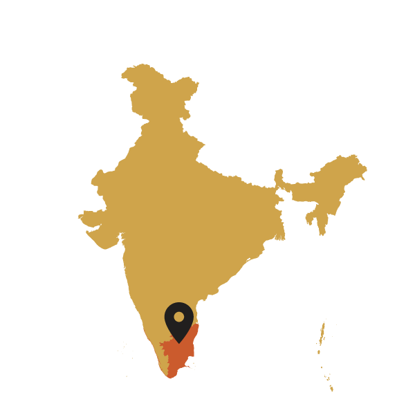Map of India with a black marker pointing to a Tamil Nadu region