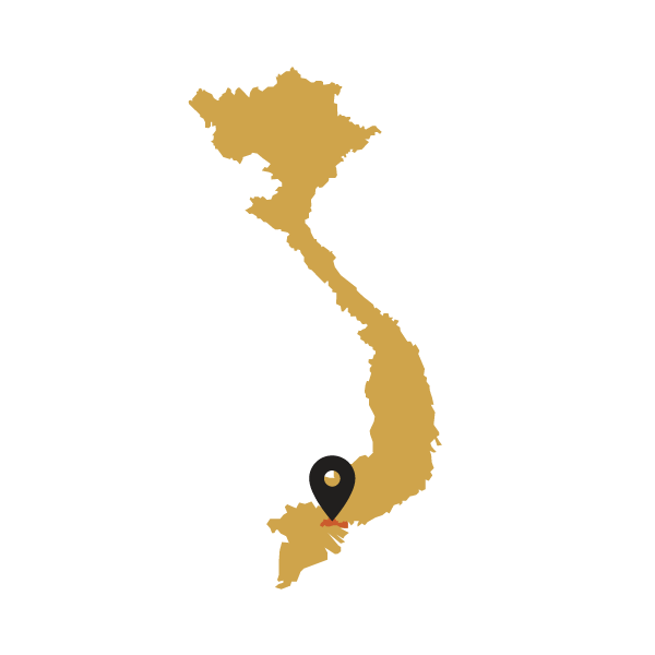 Map of Vietnam with a black marker pointing to a Tien Giang region