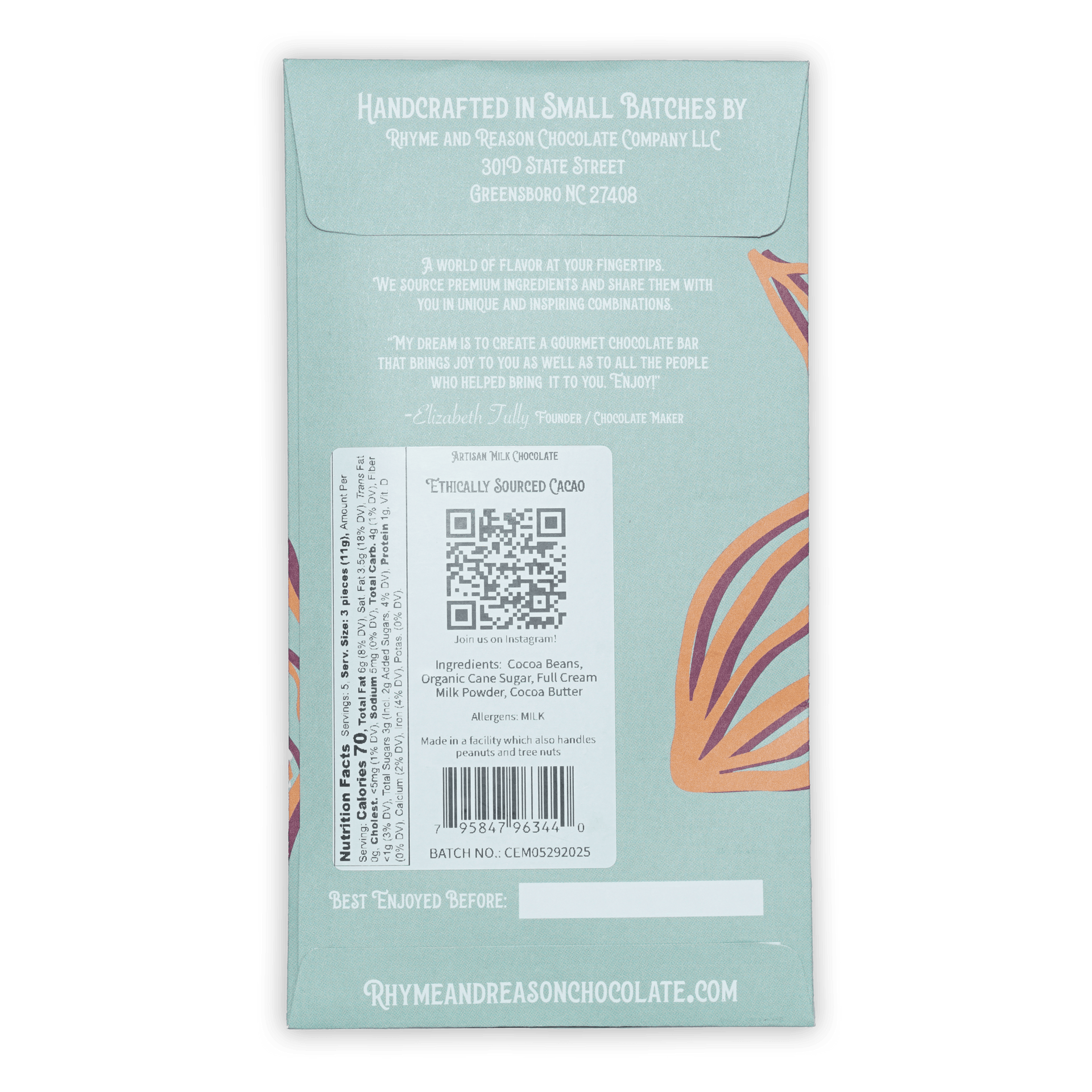 Rhyme and Reason Artisan Milk Chocolate 42% light blue wrapper with leaf illustrations