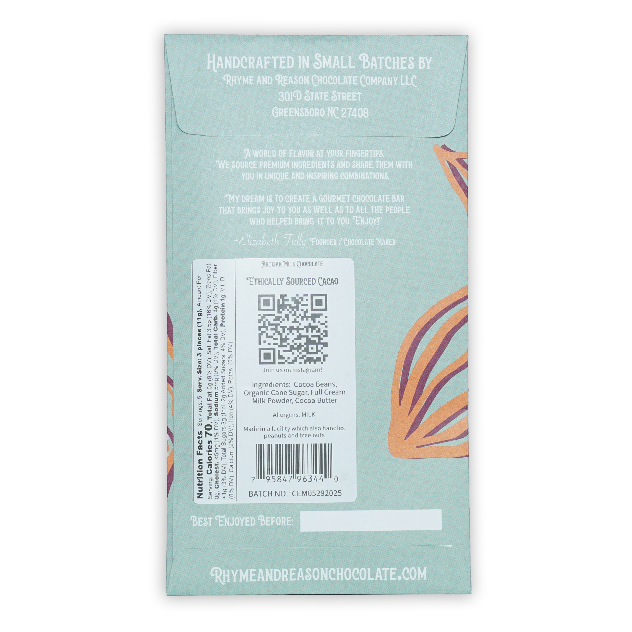 Rhyme and Reason Artisan Milk Chocolate 42% light blue wrapper with leaf illustrations