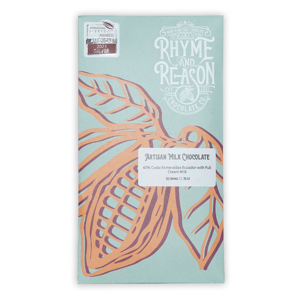 Rhyme and Reason artisan milk chocolate 42% bar with cacao pod