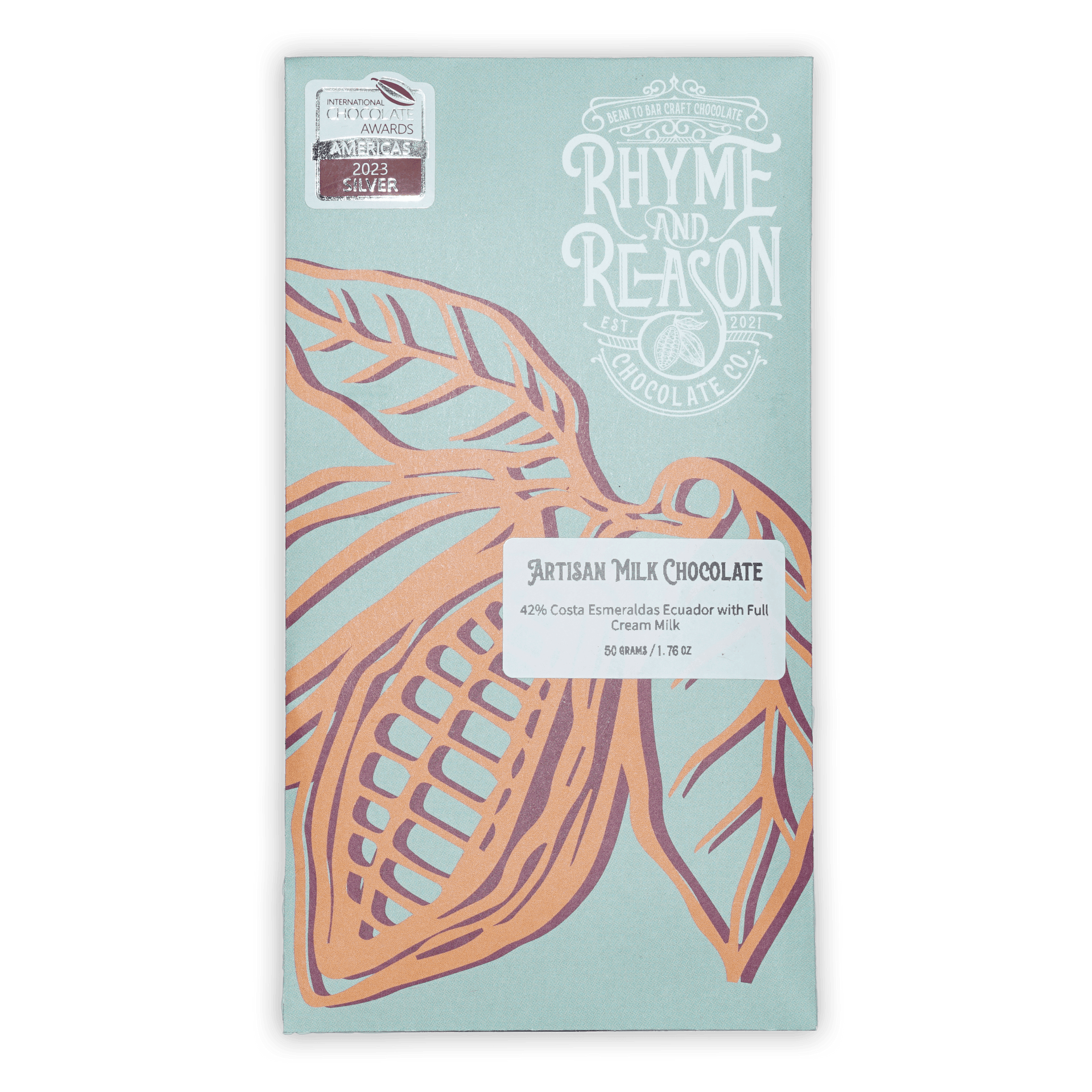 Rhyme and Reason artisan milk chocolate 42% bar with cacao pod