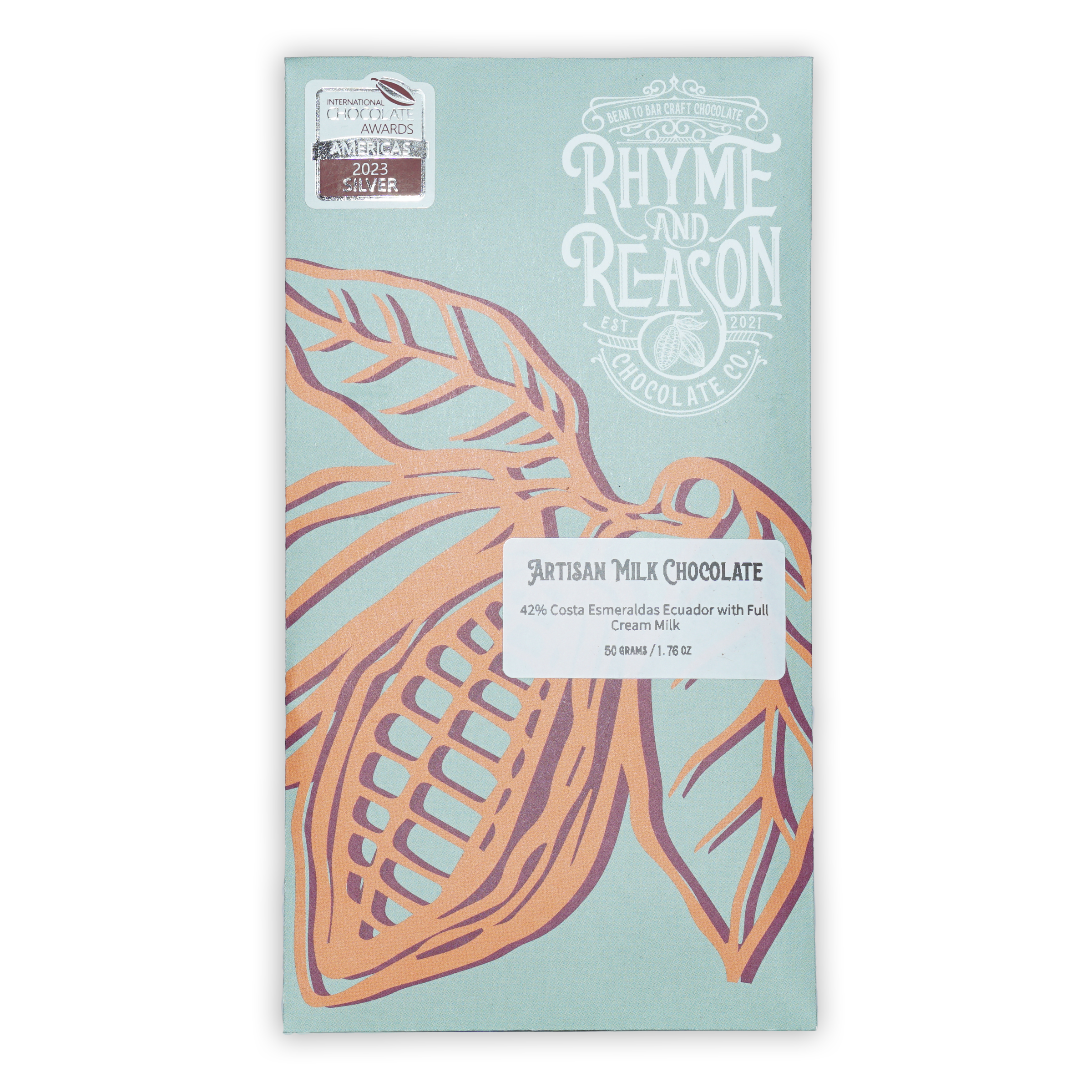 Rhyme and Reason artisan milk chocolate 42% bar with cacao pod