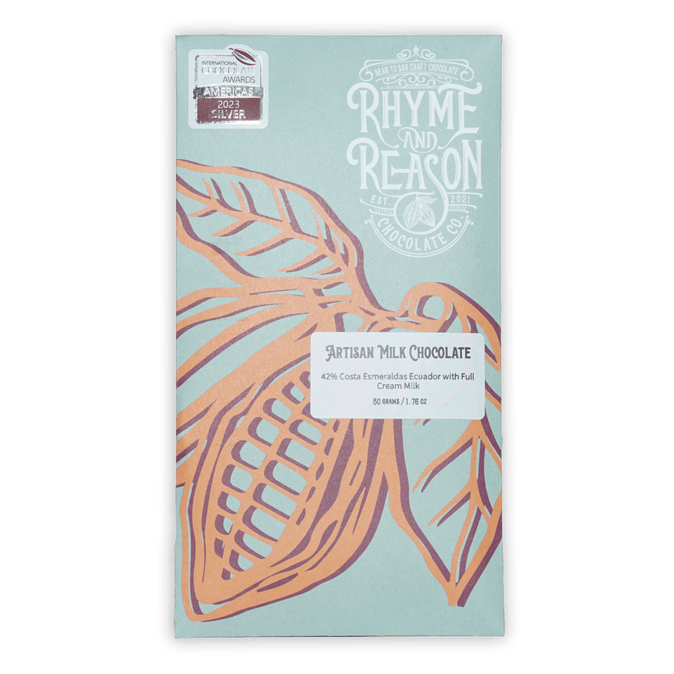 Rhyme and Reason artisan milk chocolate 42% bar with cacao pod