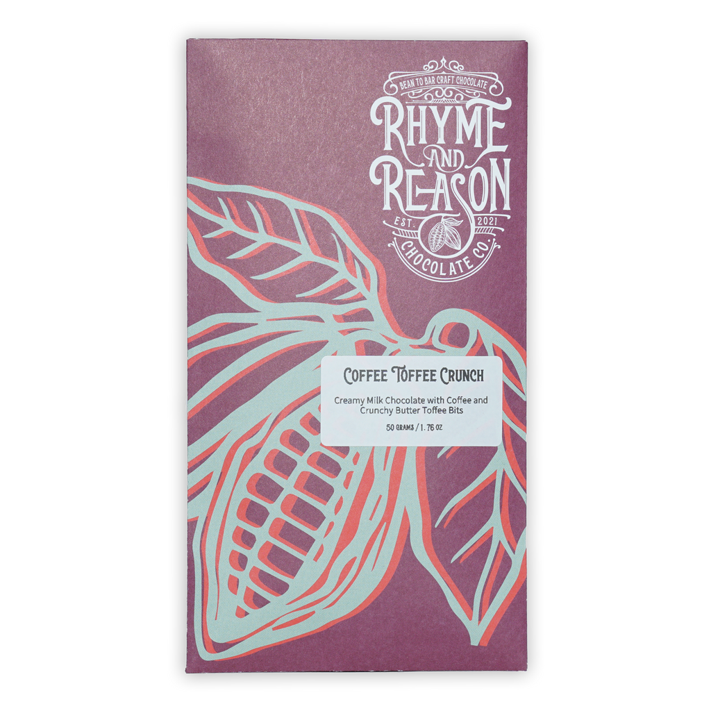 Rhyme and Reason Milk Coffee Toffee Crunch 42% purple wrapper with cocoa pod