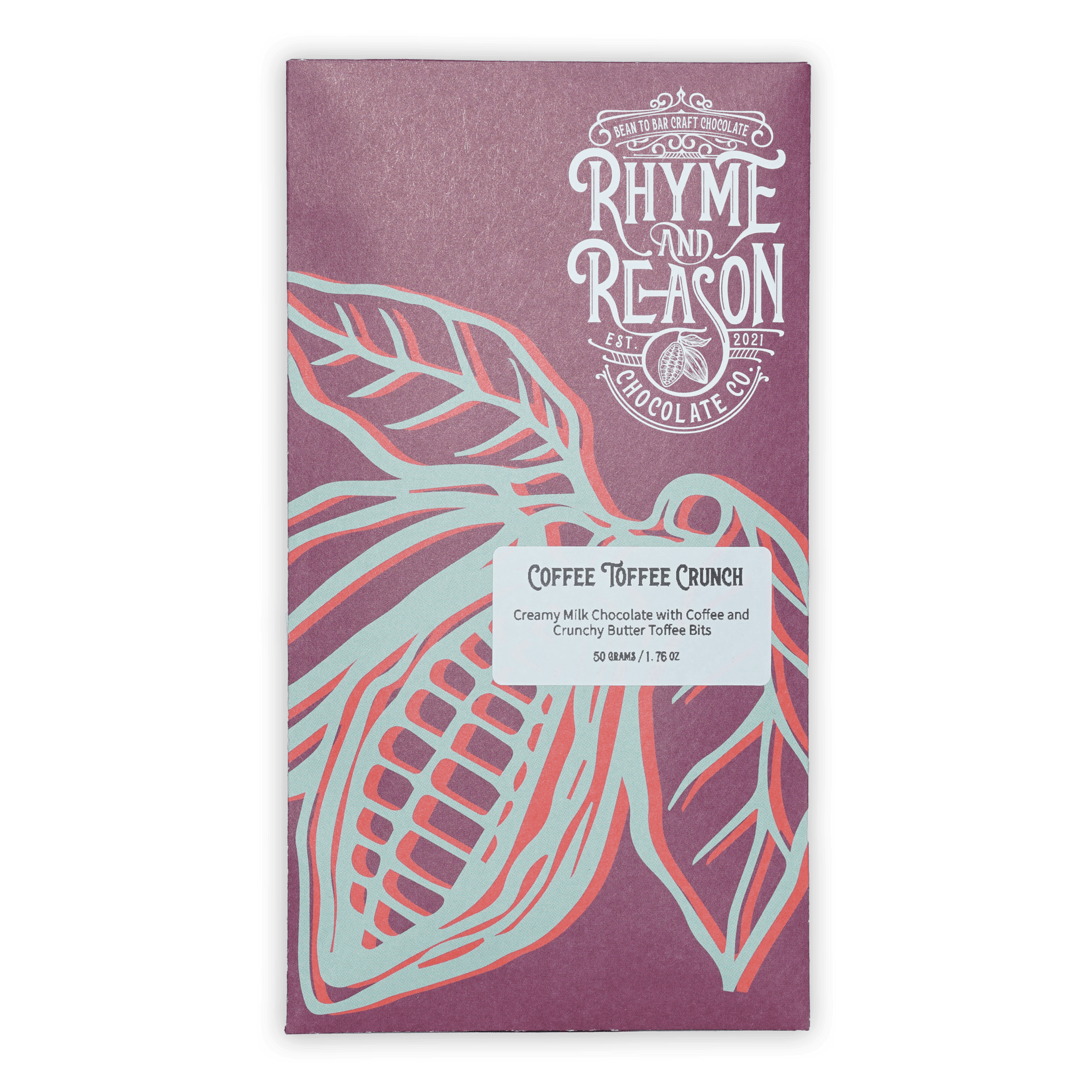 Rhyme and Reason Milk Coffee Toffee Crunch 42% purple wrapper with cocoa pod