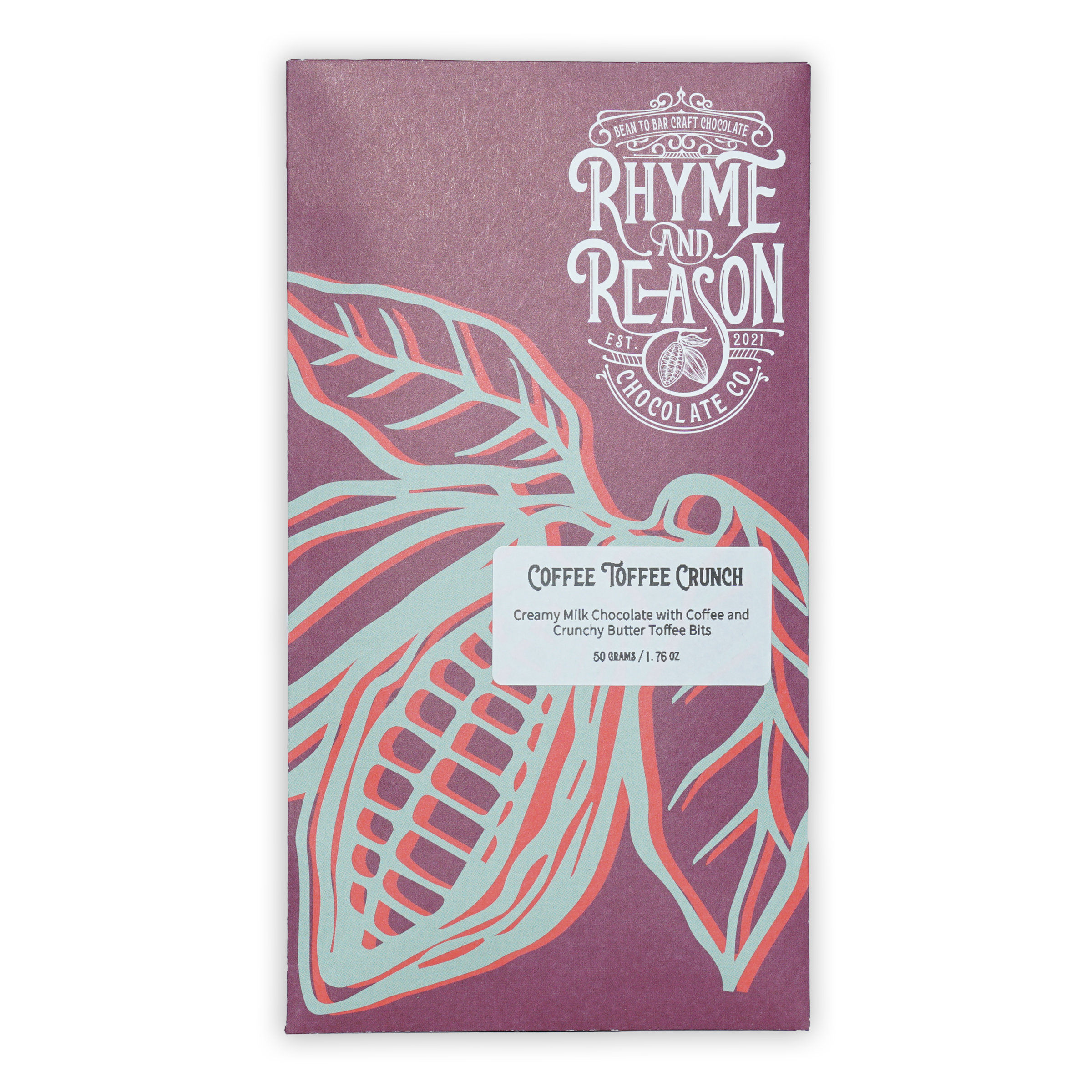 Rhyme and Reason Milk Coffee Toffee Crunch 42% purple wrapper with cocoa pod
