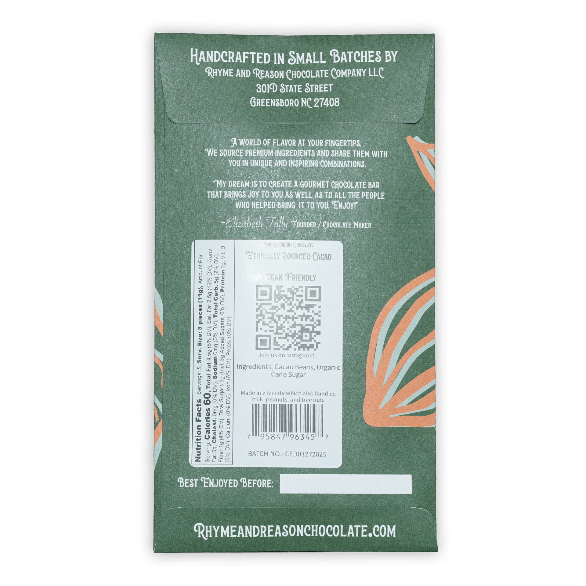 Back of Rhyme and Reason Dark Ecuador 75% bar: green wrapper with leaf patterns