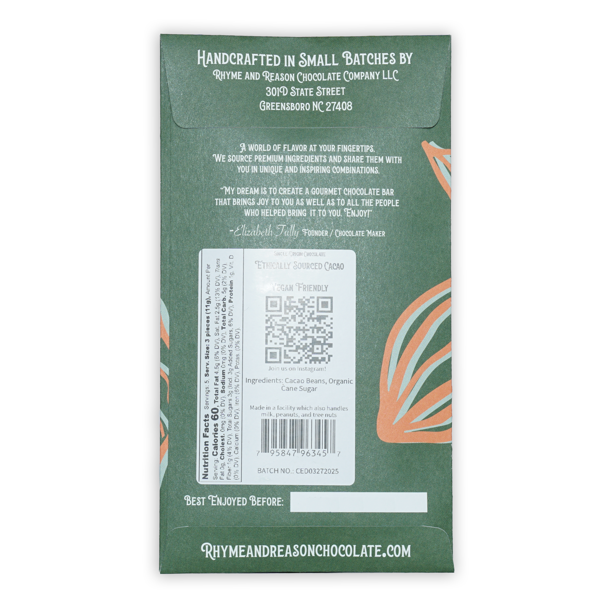 Back of Rhyme and Reason Dark Ecuador 75% bar: green wrapper with leaf patterns
