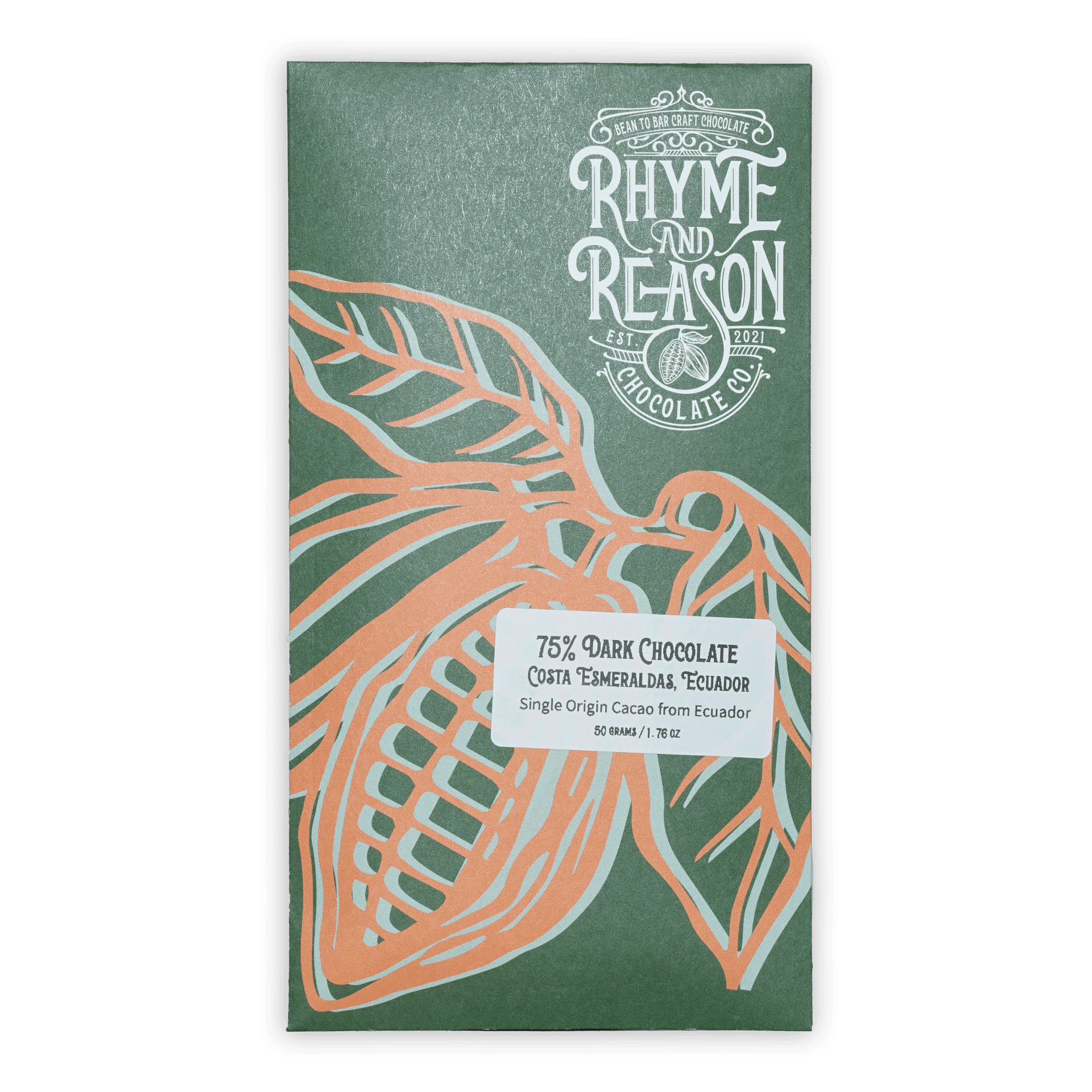 Rhyme and Reason Dark Ecuador 75% chocolate bar in green wrapper