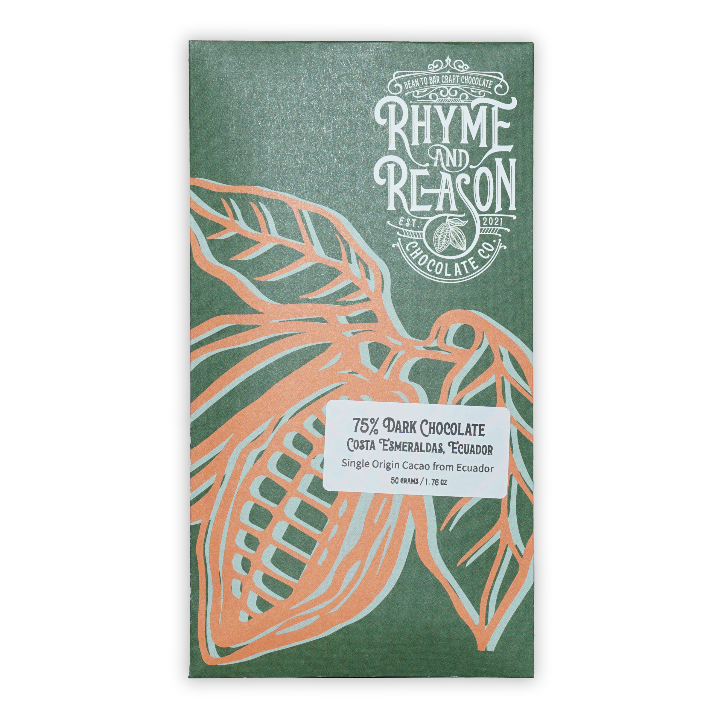 Rhyme and Reason Dark Ecuador 75% chocolate bar in green wrapper