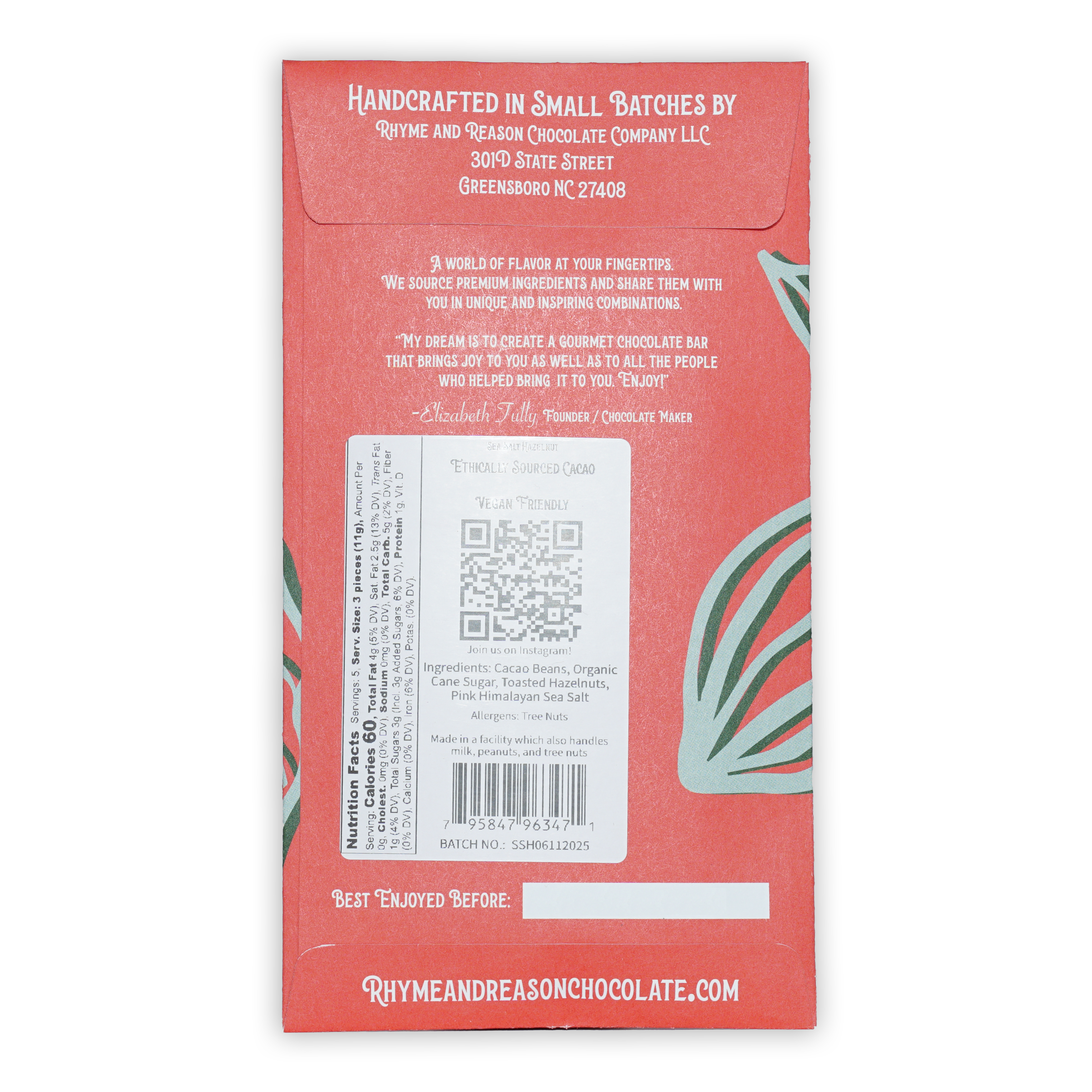 Rhyme and Reason dark chocolate with salted hazelnuts 72% wrapper
