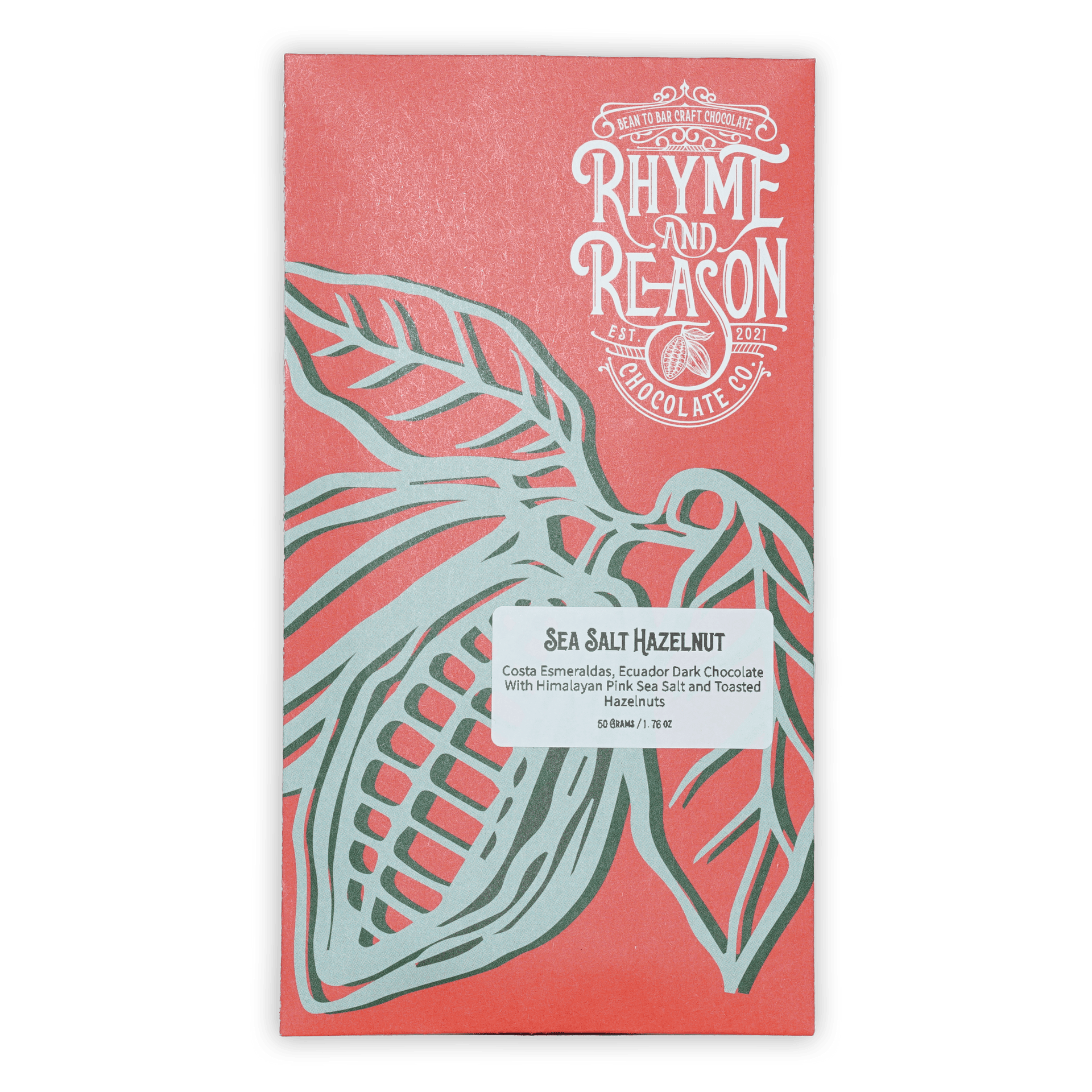 Rhyme and Reason Dark Chocolate w/ Salted Hazelnuts 72% coral wrapper