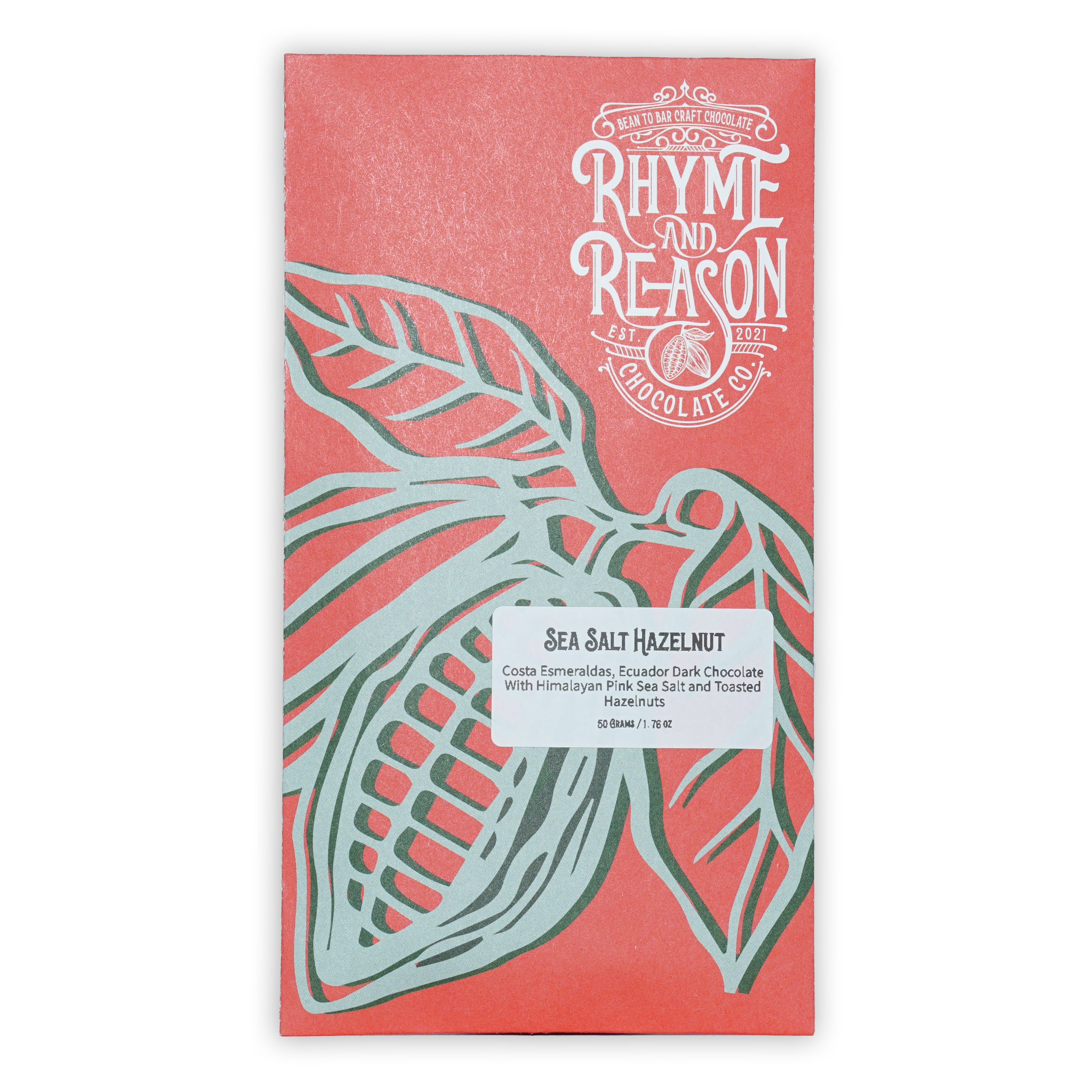 Rhyme and Reason Dark Chocolate w/ Salted Hazelnuts 72% coral wrapper