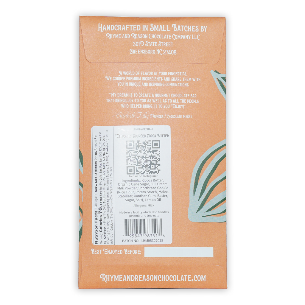 Rhyme and Reason white lemon shortbread cookie orange-wrapped chocolate bar